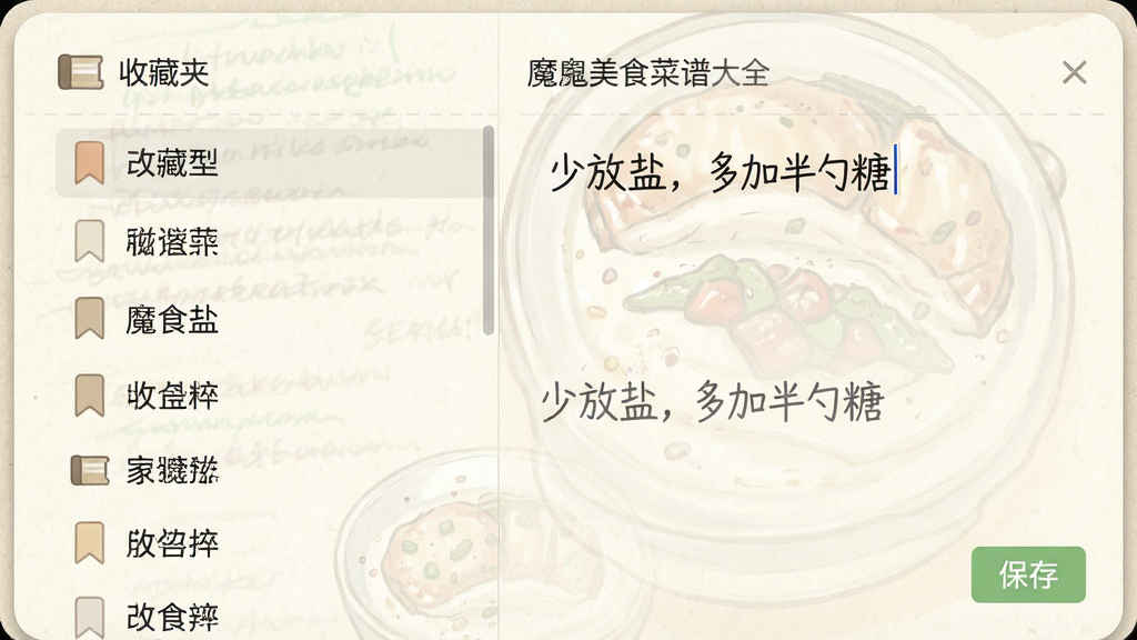 魔鬼美食菜谱大全收藏与笔记界面,画面左侧是收藏夹列表,右侧是某道菜的笔记编辑区域,笔记内容为“少放盐,多加半勺糖”,背景为浅色纸张纹理,布局左右分栏,风格为清新笔记风,细节包括书签图标、输入光标、保存按钮,画质清晰,干净,无多余元素