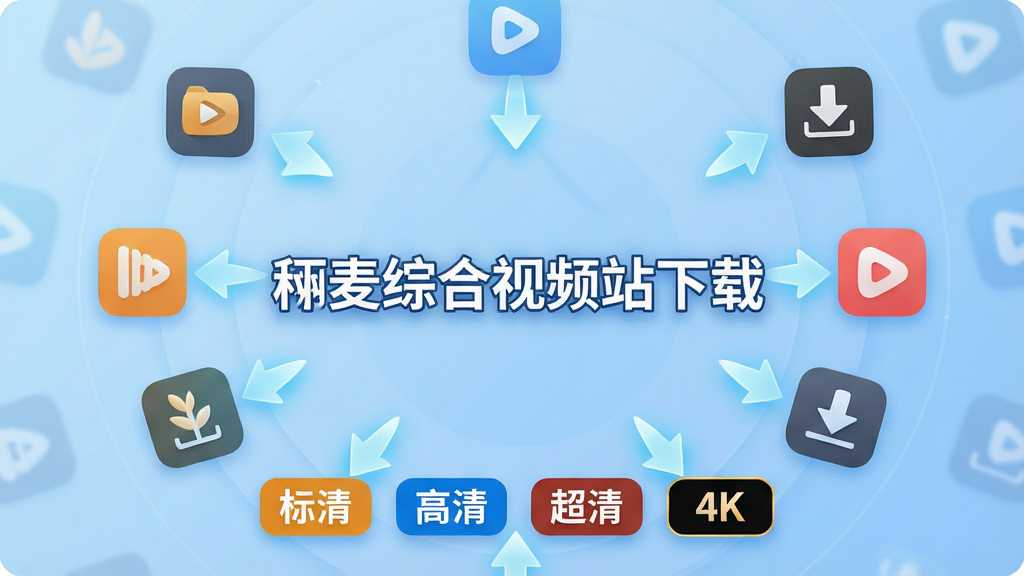 画面中央展示“稞麦综合视频站下载”软件名称,周围环绕多个视频平台图标和下载箭头,下方排列不同清晰度选项标签如“标清”“高清”“超清”“4K”,背景为浅蓝色渐变,布局采用环形放射状排版,风格为清爽扁平化设计,细节包括图标圆角处理、箭头带有微光效果、标签色彩区分明显,画质高清,画面干净,无多余元素