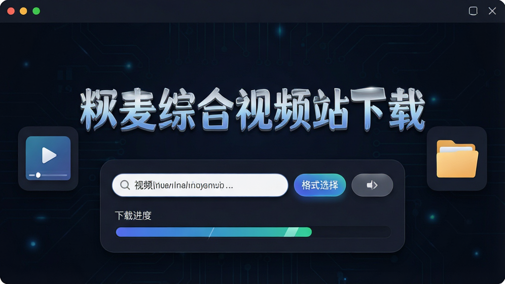 软件主界面全景展示,中央位置放置“稞麦综合视频站下载”大字标题,标题下方排列视频链接输入框、格式选择按钮和下载进度条,界面采用深色科技风背景,两侧点缀播放器图标和文件夹图标,整体布局左右对称,排版层次分明,风格为现代扁平化UI设计,细节包括圆角按钮、渐变高光、微阴影效果,画质高清,画面干净,无多余元素