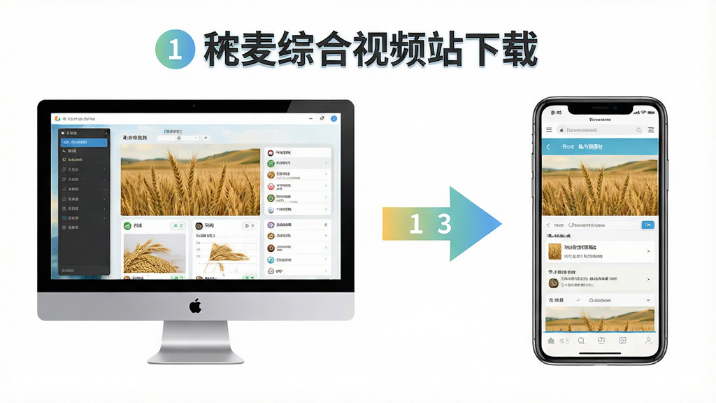 画面展示“稞麦综合视频站下载”软件操作流程图,左侧为电脑屏幕显示软件界面,右侧为手机屏幕显示网页版界面,中间用箭头连接表示操作步骤,背景为白色,布局采用左右对比排版,风格为清新浅色系,细节包括步骤编号圆圈、箭头带有渐变色彩、界面截图清晰可辨,画质高清,画面干净,无多余元素