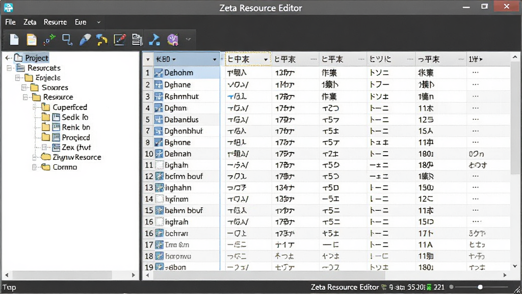 һ��չʾZeta Resource Editor����������Ľ�ͼ������Ϊ��������Դ�༭���ڣ������ʾ��Ŀ���νṹ���Ҳ�Ϊ��Դ�ַ������񣬰���Ӣ�ġ����ġ����ĵȶ����������ݣ������������������Ϊ�ִ��칫�������棬ϸ�ڰ���������ͼ�ꡢ״̬����Ϣ�����������ɾ��޶���Ԫ�أ���Ļ�Ϸ���ʾ