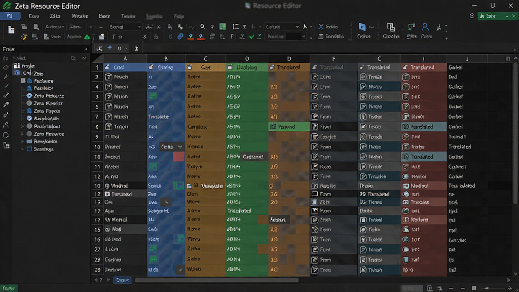 һ��չʾZeta Resource Editor�����������༭���ܵ�ʾ��ͼ������Ϊ���͵��ӱ�����棬����Ϊ�����Ŀ���������Ҳ�����Զ��ձ��񣬷��Ϊרҵ�������߽��棬ϸ�ڰ�����ͬ�������ò�ͬ��ɫ��ʶ���ѷ����δ���뵥Ԫ�����Ӿ����֣����������ɾ��޶���Ԫ�أ������д���