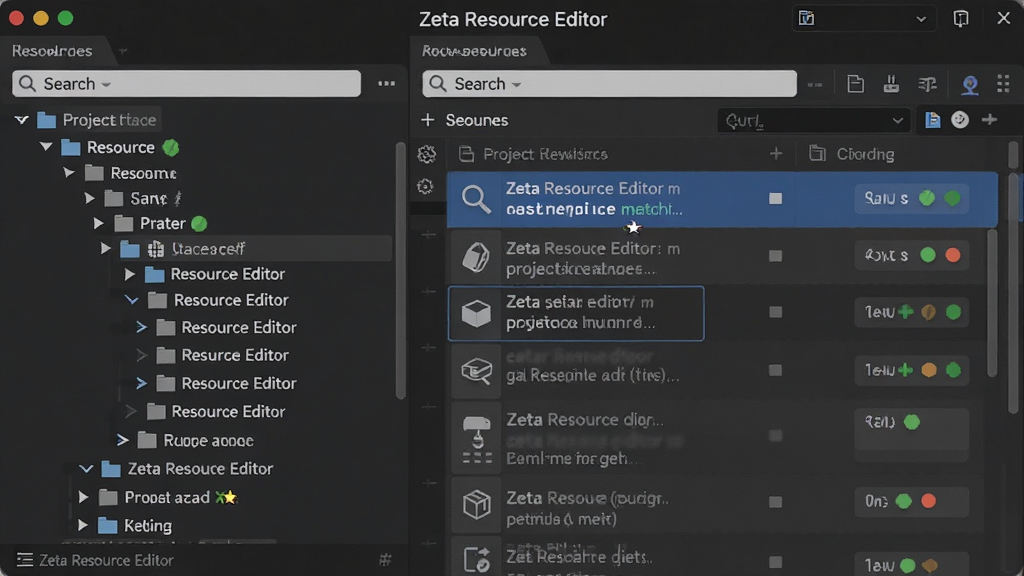 һ��չʾZeta Resource Editor��Ŀ����Դ�������ܵ�ʾ��ͼ������Ϊ������Ŀ�ṹ����Դ������壬����Ϊ�����Ŀ�����Ҳ���������б������Ϊ�ִ��������߽��棬ϸ�ڰ��������򡢸���ƥ��������Դ״̬ͼ�꣬���������ɾ��޶���Ԫ�أ������а���