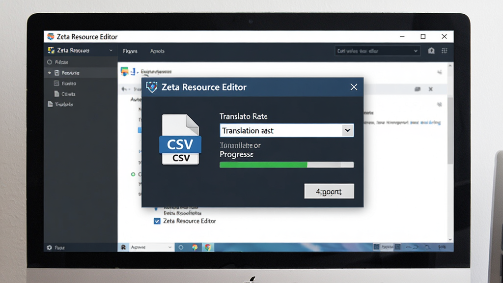 һ��չʾZeta Resource Editor�Զ������뵼�뵼�����ܵĳ���ͼ������Ϊ������Ļ��ʾ�������棬����Ϊ���뵯�����뵼���Ի��򣬷��Ϊ���������ϸ�ڰ���CSV�ļ�ͼ�ꡢ��������ѡ�������˵�����������Ԫ�أ����������ɾ��޶���Ԫ�أ������д���