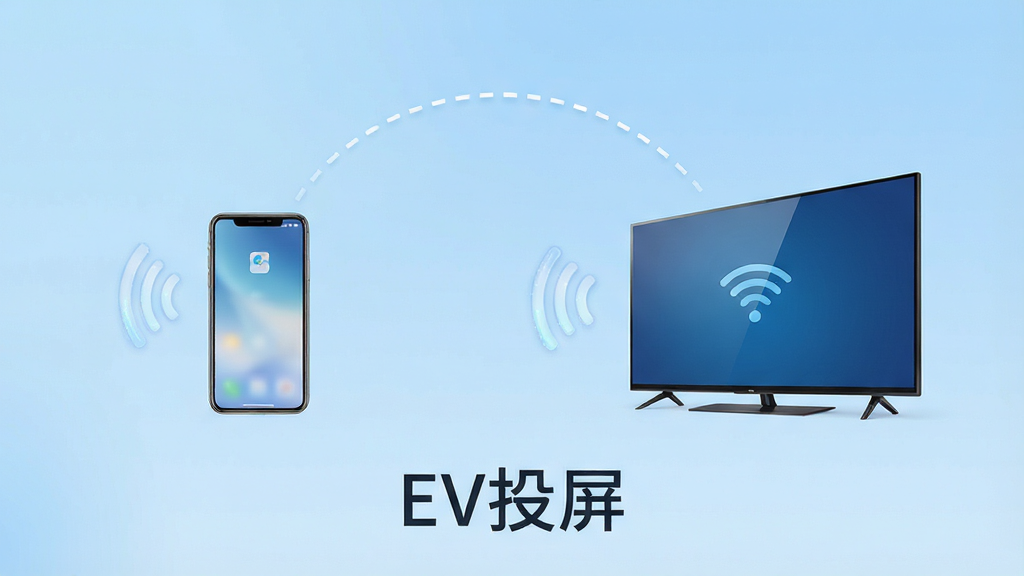 EV投屏软件主界面展示,画面中央为手机与电视通过无线信号连接的示意图,左右两侧分别放置一部智能手机和一台大屏幕电视,中间以弧形虚线表示投屏信号传输,背景为浅蓝色渐变,画面底部显示软件名称“EV投屏”文字,整体风格简洁科技感,布局对称,排版清晰,细节精致,画质高清,干净无多余元素