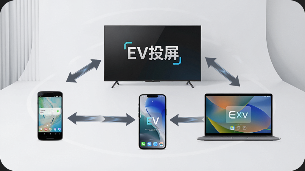 EV投屏跨平台支持功能展示,画面中央为一部安卓手机、一部iPhone和一台笔记本电脑围绕一台智能电视排列,各设备之间用双向箭头连接表示互投功能,电视屏幕显示“EV投屏”标志,背景为浅灰色简约风格,布局环形排列,排版对称,细节清晰,画质高清,干净整洁