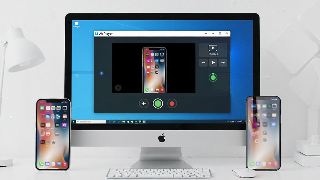 一张展示苹果录屏大师(AirPlayer)软件界面的图片,画面主体是一台Windows电脑显示器,屏幕上显示着投屏软件的主界面,界面中有手机投屏预览窗口和控制按钮,旁边放着一部iPhone手机,手机屏幕画面正同步投射到电脑上,桌面布局整洁,排版为居中构图,风格为科技感简约风,细节包括软件logo、投屏连接状态指示灯、录制按钮高亮显示,画质清晰,干净,无多余元素