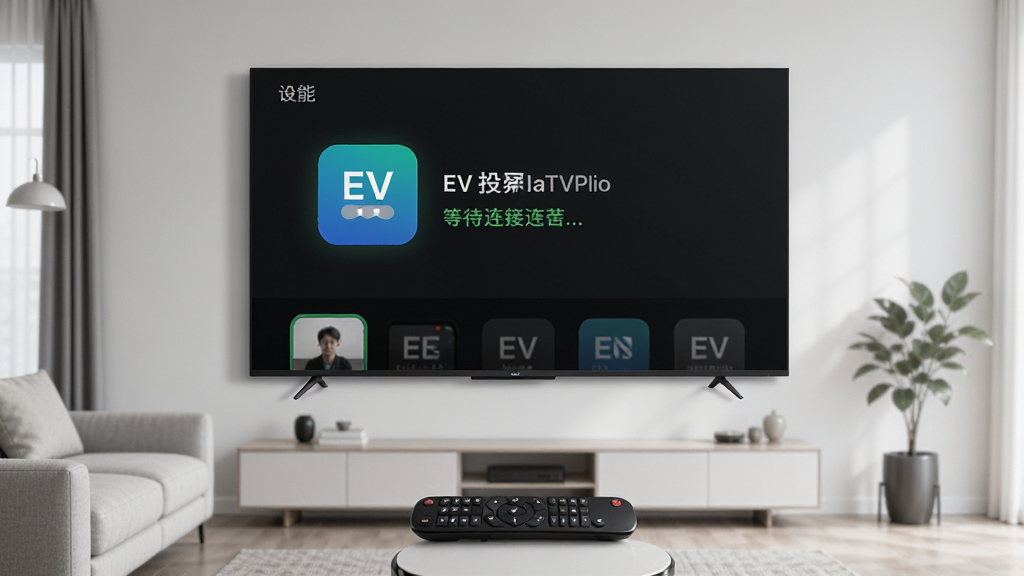 EV投屏TV版在智能电视上的安装界面展示,画面为一台壁挂式智能电视屏幕显示EV投屏TV版应用界面,界面中有设备名称和等待连接状态,电视下方摆放一个遥控器,背景为现代简约客厅,风格写实清晰,布局居中,排版整洁,细节丰富,画质高清,干净无多余元素
