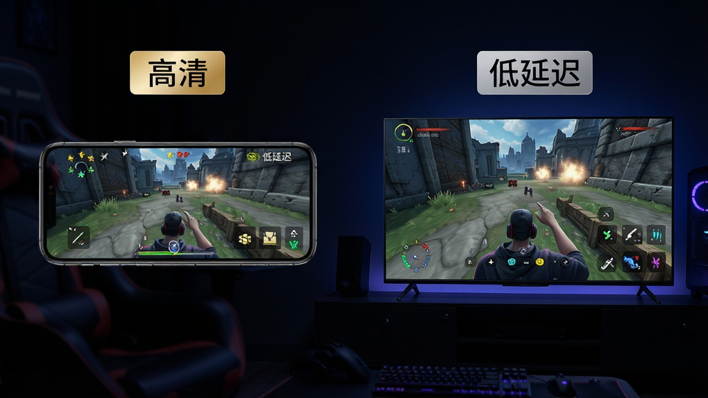 EV投屏高清低延迟特性展示,画面为手机游戏投屏到电视的对比场景,左侧手机显示游戏画面,右侧电视同步显示相同画面,画面中标注“高清”“低延迟”文字标签,背景为深色电竞风格,布局左右对比,排版清晰,细节精致,画质高清,干净无多余元素