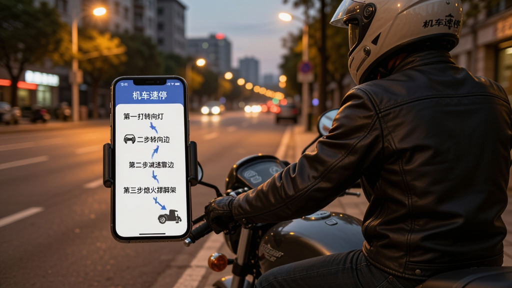 画面展示一位骑手正在路边停放机车,手机支架上的