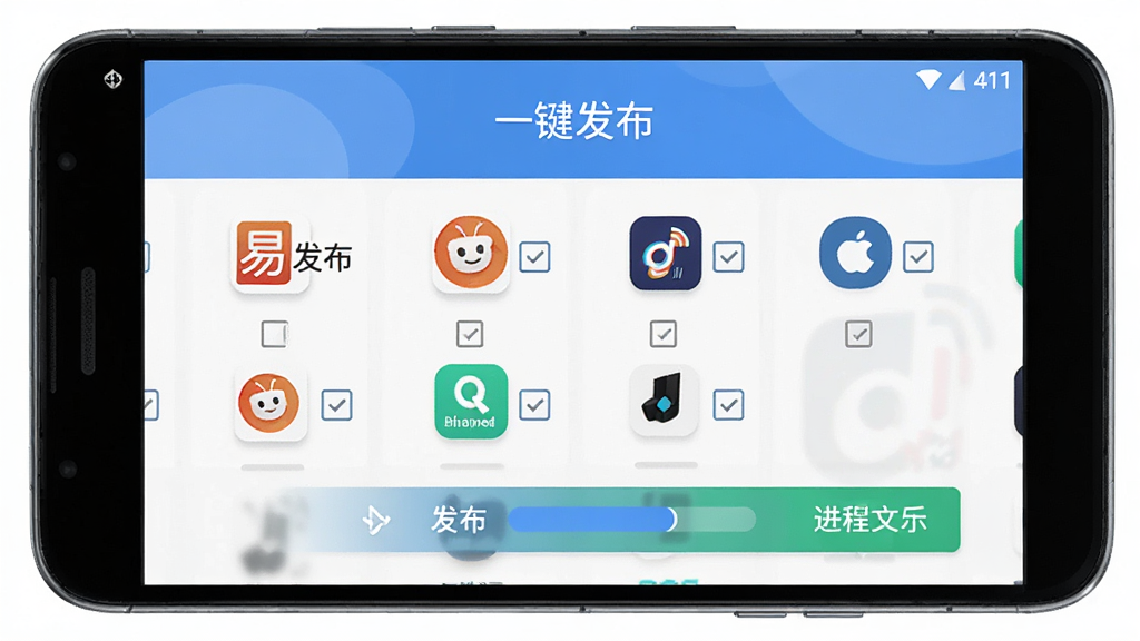 一部安卓手机屏幕显示“易发布”多平台分发界面,画面中有多个平台图标整齐排列,每个图标旁有勾选框,顶部显示“一键发布”字样,主体为手机与界面,布局为居中展示,排版清晰,风格为简洁扁平化,细节包括发布按钮、平台图标、进度状态,画质高清,干净,无多余元素