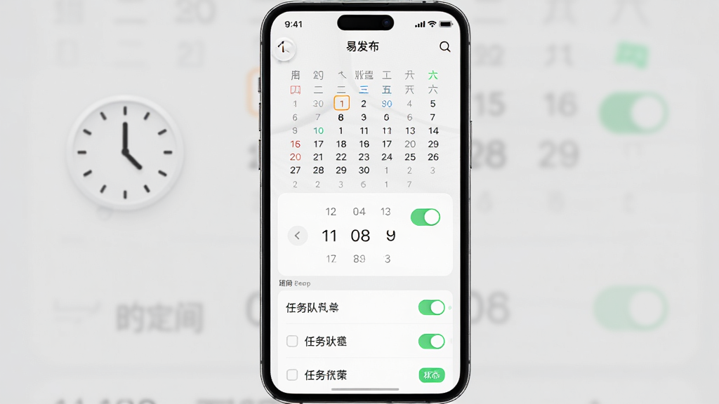 手机屏幕显示“易发布”定时发布设置页面,画面中有日历、时间选择器与任务队列列表,主体为竖屏手机界面,布局为上下结构,排版整洁,风格为现代简约,细节包括时钟图标、开关按钮、状态标签,画质高清,干净,无多余元素