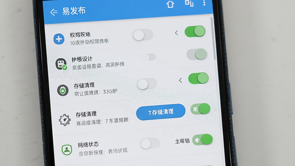 一部安卓手机展示“易发布”设置与权限管理界面,画面中有权限开关列表、存储清理按钮、网络状态提示,主体为手机屏幕,布局为纵向列表,排版清晰,风格为实用工具风,细节包括权限图标、开关状态、提示文字,画质高清,干净,无多余元素