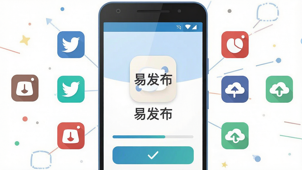 一张手机屏幕展示内容发布界面的插画,画面中央是“易发布”应用图标与名称,周围环绕多个社交平台图标与发布按钮,主体为一部竖屏安卓手机,布局居中,排版干净,风格为扁平化科技感,细节包括进度条、对勾、云同步符号,画质高清,干净,无多余元素