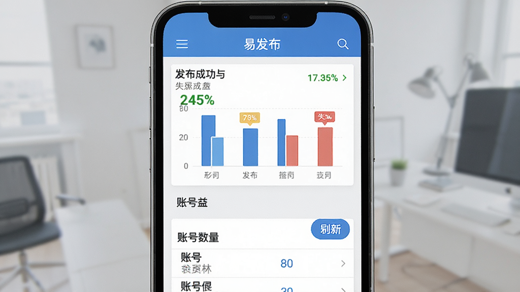 手机屏幕显示“易发布”数据统计面板,画面中有柱状图、发布成功与失败数量、账号列表,主体为手机界面与图表,布局为上下结构,排版规整,风格为商务简约,细节包括数字标签、状态颜色区分、刷新按钮,画质高清,干净,无多余元素