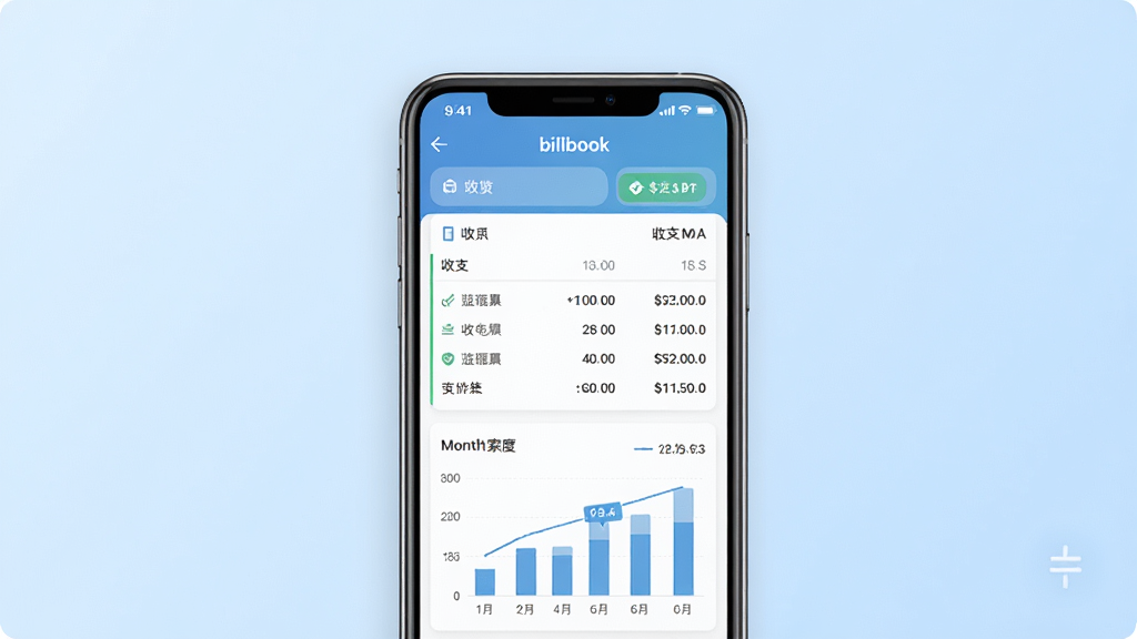 Billbook记账软件主界面预览图,画面中央展示一部智能手机,手机屏幕上显示Billbook应用的记账主页面,包含收支明细列表和月度统计图表,背景为柔和的浅蓝色渐变,整体风格清新简约,细节清晰,画质干净,无多余元素