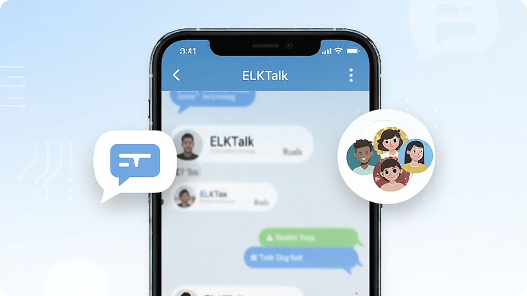 �����������һ���ִ������ֻ�����Ļ��ʾELKTalk������棬��������Ի�����ͼ�꣬�Ҳ�����Ⱥ��ͷ��ԲȦ��������ñ�ƽ���Ƽ���񣬱���Ϊǳ������ɫ�Ľ��䣬����ɾ����࣬ϸ�����������ʸ��壬�޶���Ԫ��