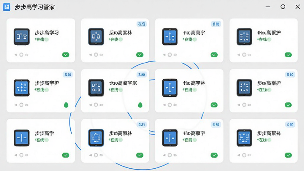 步步高学习管家多设备管理界面,画面展示多个设备卡片排列,每个卡片显示设备名称和在线状态,布局整齐,采用浅灰色背景和蓝色点缀,扁平化设计风格,细节包含设备图标和状态标签,画质清晰,干净无多余元素