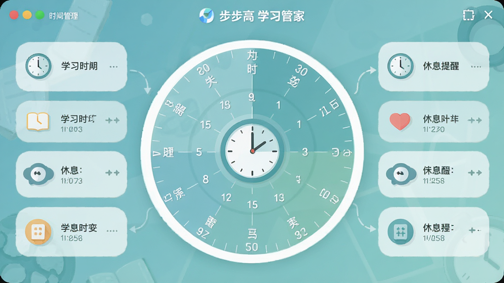步步高学习管家时间管理界面,画面中央展示圆形时间规划表,周围环绕学习时段和休息提醒图标,布局对称,采用柔和蓝绿色调,扁平化插画风格,细节包含时钟元素和任务标签,画质清晰,干净无多余元素