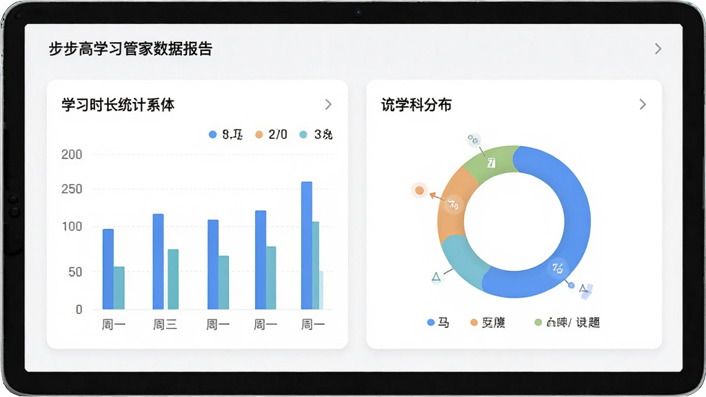 步步高学习管家数据报告页面,画面以图表形式展示学习时长统计和学科分布,布局采用卡片式信息模块,风格现代简约,细节包含柱状图和环形图元素,画质高清,干净整洁,无多余元素