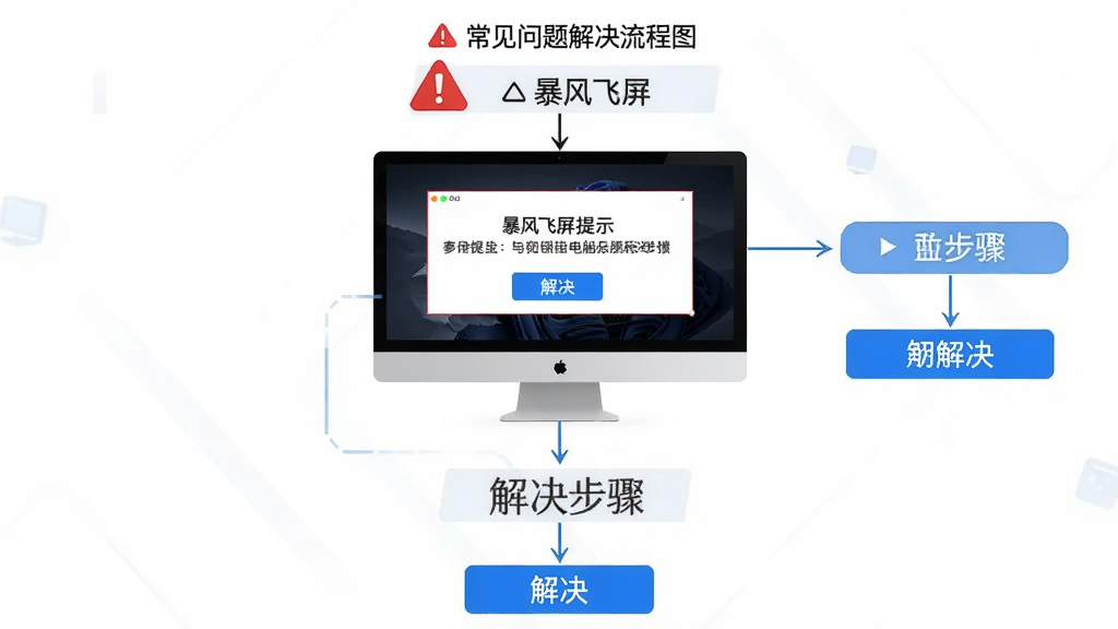 暴风飞屏 电脑端 常见问题解决流程图,主体为电脑屏幕显示错误提示和解决步骤,布局为纵向流程图,排版清晰,风格为信息图表风,细节包括红色警告图标和蓝色解决按钮,画质为高清,干净,无多余元素。