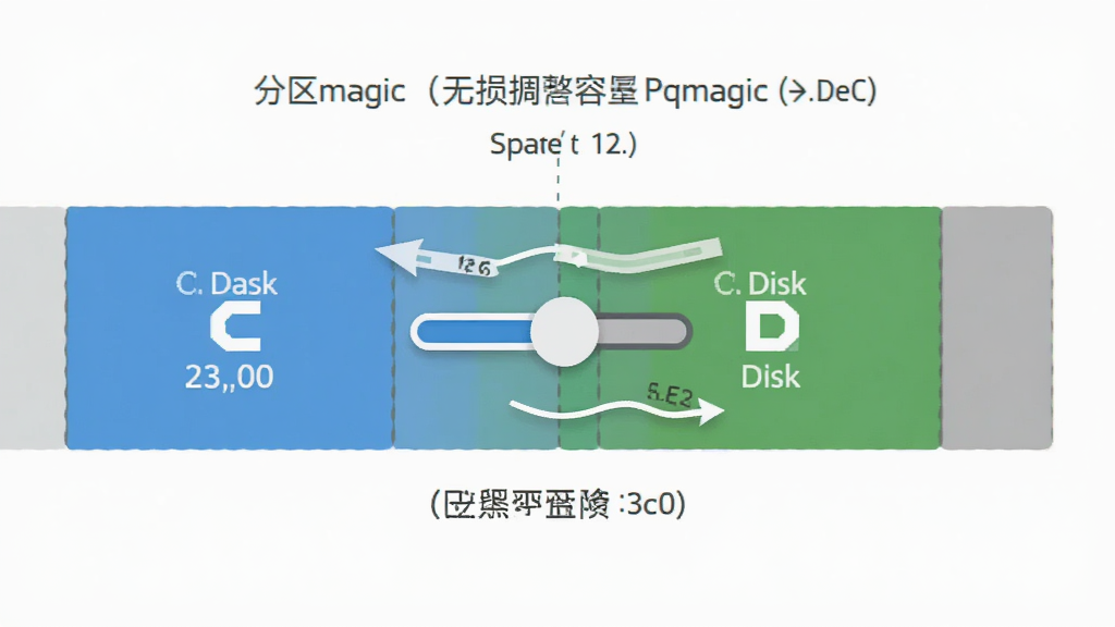 一张展示分区魔术师(Pqmagic)无损调整分区容量功能的示意图,画面主体是一个横向的彩色分区条,C盘为蓝色,D盘为绿色,中间有一个可拖拽的滑块箭头,指示空间从D盘向C盘转移,布局简洁明了,风格为扁平化信息图,细节包括容量数字和箭头标注,画质清晰,干净,无多余元素