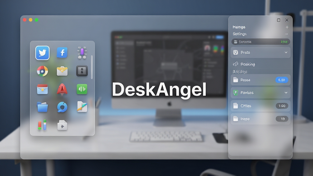 DeskAngel软件主界面截图,画面中央展示整洁的桌面分区布局,左侧为图标收纳盒,右侧为美化设置面板,主体为软件名称