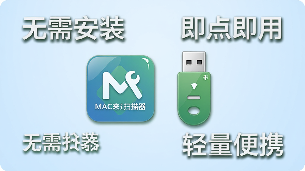 ����MACɨ������ɫ�ⰲװ����չʾͼ������������һ��С�ɵ�����ͼ����һ��U��ͼ�겢�У���Χ�����š����谲װ�������㼴�á���������Я�������ֱ�ǩ������Ϊ����ɫ���䣬���Ϊ���±�ƽ����ϸ�ڰ���ͼ��ĸ߹�Ч����������Ӱ�����ʸɾ����޶���Ԫ�ء�