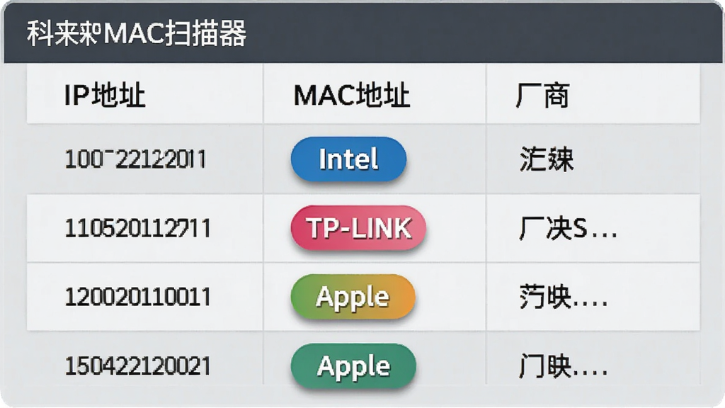 ����MACɨ�����豸����ʶ�����ͼ������չʾһ�����񣬱�ͷ������IP��ַ����MAC��ַ�������̡����У����г�������ʾ�š�Intel������TP-LINK������Apple���Ȳ�ɫ��ǩ�����񱳾�Ϊǳ��ɫ�������������������Լ����ϸ�ڰ�����ǩ��Բ���������ӰЧ�������ʸɾ����޶���װ�Ρ�