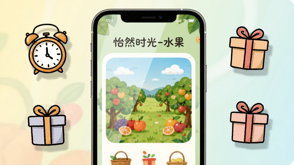 画面描绘一部手机屏幕内呈现怡然时光-水果的果园界面,屏幕外有卡通手绘风格的闹钟与礼物盒图标,布局采用手机居中、图标环绕式,顶部写“怡然时光-水果”,风格为扁平化插画,细节包含屏幕反光、图标阴影、柔和渐变背景,画质干净明亮,无多余元素