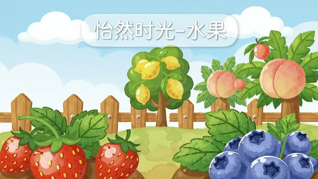 画面展示一片卡通风格的水果农场,前景是成熟的草莓和蓝莓植株,中景有柠檬树与蜜桃树,背景是淡蓝色天空与白色云朵,布局采用三分法构图,顶部悬浮“怡然时光-水果”半透明标签,风格为清新水彩手绘,细节包含果实高光、叶片脉络、木栅栏纹理,画质干净明亮,无多余元素