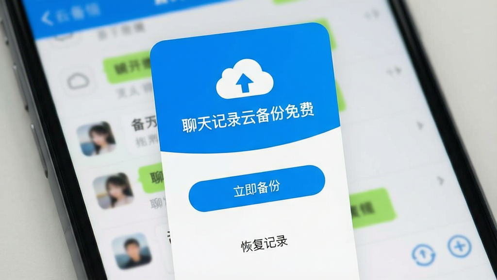 一张手机屏幕特写图,画面中央展示聊天记录云备份免费软件的启动界面,界面以蓝白配色为主,顶部有云朵图标和“聊天记录云备份免费”文字,中部有“立即备份”按钮,底部有“恢复记录”入口,背景是模糊的手机聊天列表,整体风格简洁清新,画质干净,无多余元素,适合作为软件下载站展示图