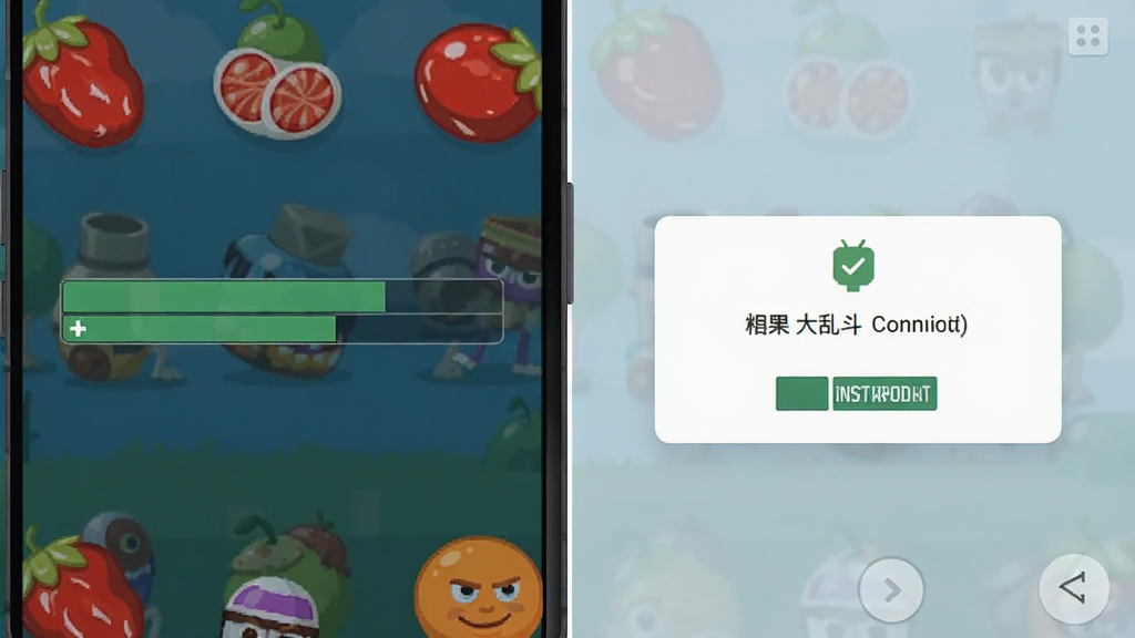 糖果大乱斗安卓手机安装界面,画面展示手机屏幕上的安装进度条和权限确认弹窗,背景简洁,布局清晰,扁平化风格,细节干净,画质清晰无多余元素