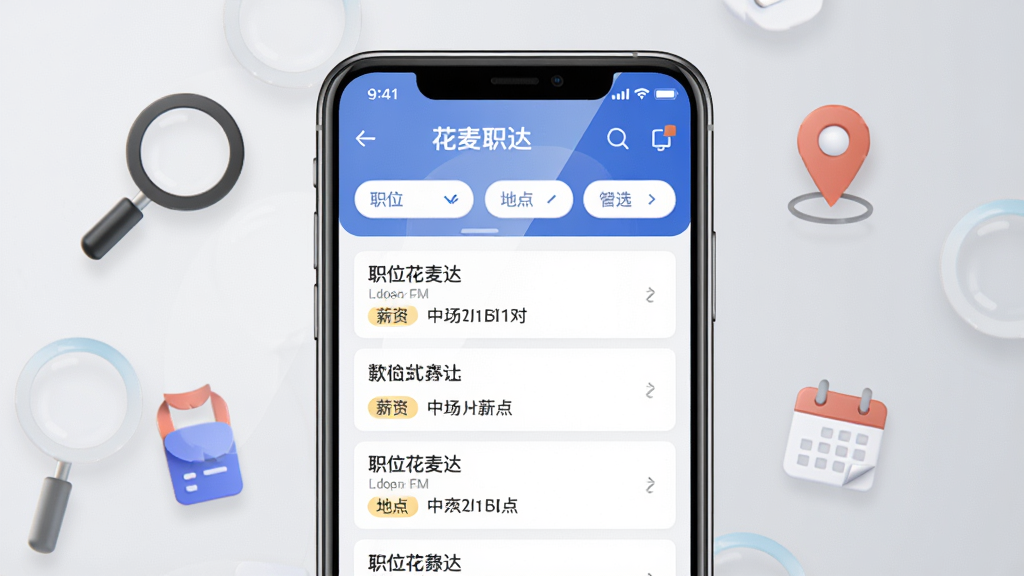 花麦职达APP职位搜索界面展示图,画面中心为手机屏幕特写,屏幕内呈现职位筛选栏和列表,列表项包含职位名称、薪资、地点等标签,手机周围散落着放大镜、定位图标、日历图标等元素,背景为浅灰色渐变,风格为现代UI展示风格,布局采用居中构图,细节上屏幕反光自然,画质清晰锐利干净无多余元素