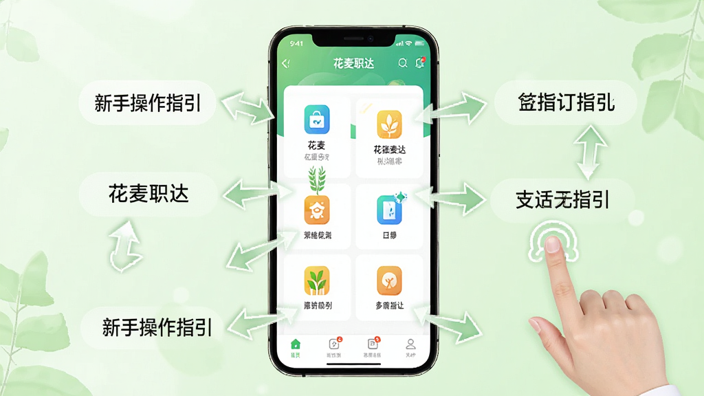 花麦职达新手操作指引图,画面为一部手机展示APP主界面,界面旁有手指点击的动画示意,周围有箭头标注各个功能区域,背景为浅绿色清新风格,布局采用手机居中搭配指示标签,细节上图标清晰,画质干净明亮无多余元素