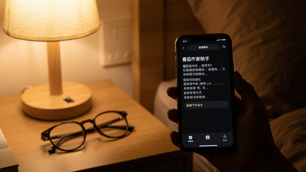 昏暗房间里一部手机亮着屏幕,显示“番茄作家助手”的夜间写作模式,深色背景上白色文字清晰可见,床头柜上有台灯和眼镜,氛围安静舒适,画质细腻,风格温馨,干净无杂乱元素