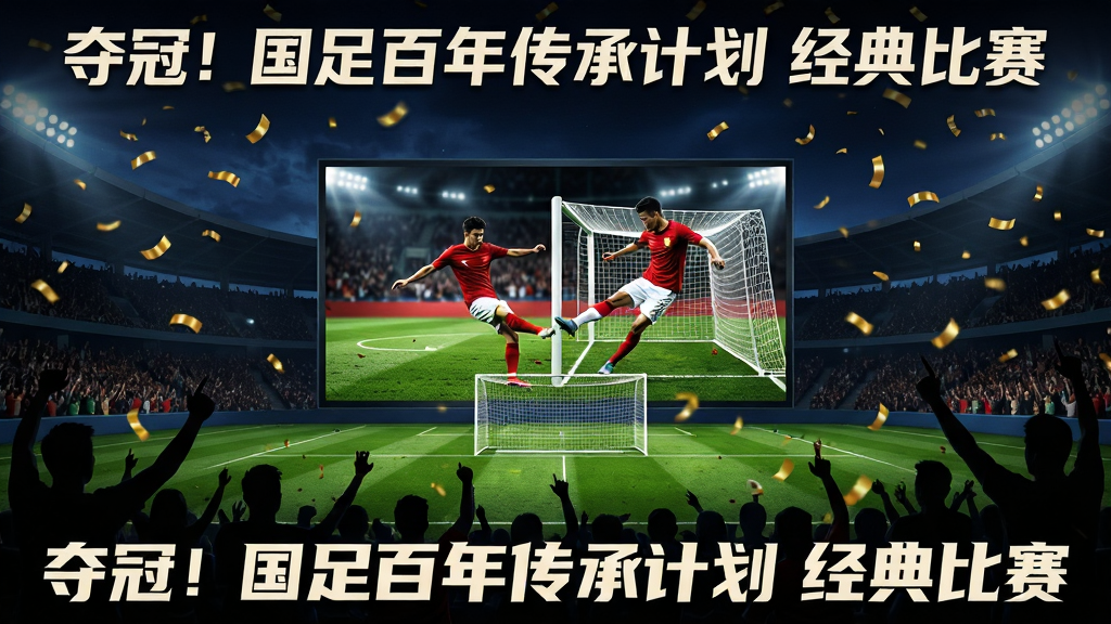 主体为足球场夜景中大屏幕播放比赛画面,布局为屏幕居中、周围有观众席剪影,排版为宽幅海报,风格为激情赛场风,细节包括绿色草坪、白色球门、屏幕中显示球员射门动作、空气中飘散金色纸屑,画质高清,画面干净,无多余元素,图片中文字标注“夺冠!国足百年传承计划 经典比赛”。