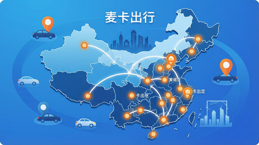 一张展示麦卡出行多城市覆盖概念的地图插画,画面主体为中国地图轮廓,地图上分布多个城市光点和连接线路,周围环绕汽车、定位图标和城市剪影,布局为居中构图,风格为现代扁平地图插画,细节包含蓝色渐变背景、橙色高亮城市点、白色路线、圆角图标,画质清晰干净,无多余元素,画面中文字标注“麦卡出行”