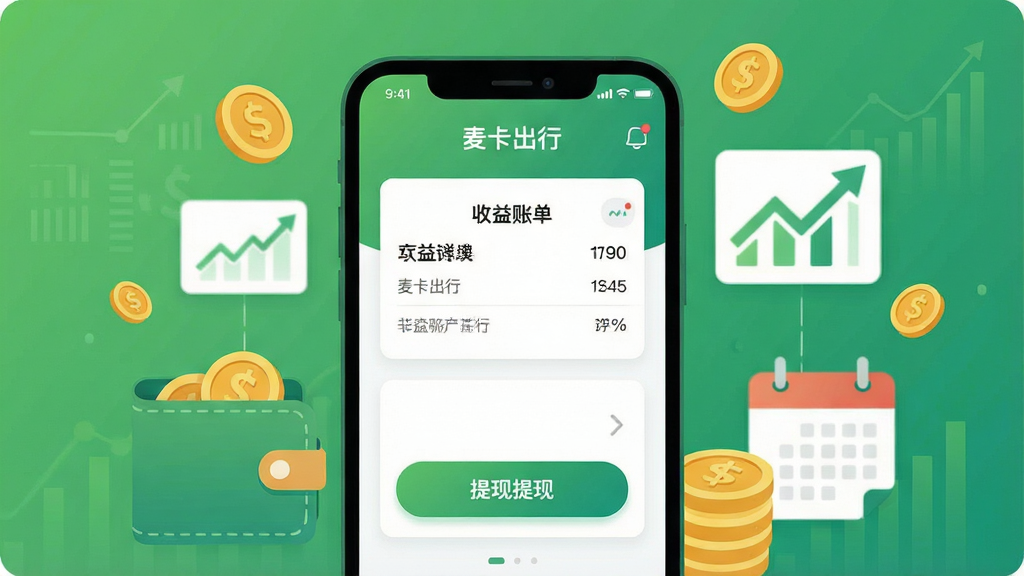一张展示麦卡出行收益钱包界面的场景图,画面中央是手机屏幕显示收益账单和提现按钮,周围环绕金币、钱包、趋势图和日历图标,布局为居中构图,风格为金融科技扁平插画,细节包含绿色渐变背景、白色卡片、金色硬币、圆角按钮,画质清晰干净,无多余元素,画面中文字标注“麦卡出行”