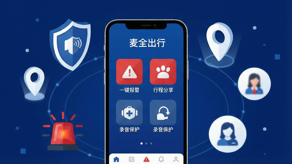 一张展示麦卡出行安全保障功能的场景图,画面中央是一部智能手机,屏幕显示安全中心界面,包含一键报警、行程分享、录音保护等图标,手机周围环绕盾牌、定位标记、警灯和联系人图标,布局为环绕式构图,风格为安全科技感插画,细节包含深蓝色背景、白色图标、红色警示点缀,画质清晰干净,无多余元素,画面中文字标注“麦卡出行”