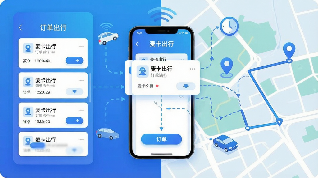 一张展示麦卡出行智能派单系统工作流程的示意图,画面主体为手机屏幕显示订单卡片和地图路线,周围环绕数据流线条、定位图标、时钟图标和汽车轮廓,布局为左右分栏,左侧为订单列表,右侧为地图导航,风格为扁平化科技插画,细节包含蓝色渐变、白色卡片、圆角按钮、虚线路径,画质清晰干净,无多余元素,画面中文字标注“麦卡出行”