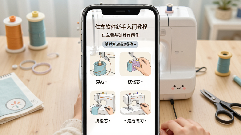 仁车软件新手入门教程页面,手机屏幕显示缝纫机基础操作步骤图,包括穿线、绕梭芯、走线练习,背景是整洁的缝纫学习桌面,风格友好亲切,布局分步清晰,细节明了,画质干净,无多余元素