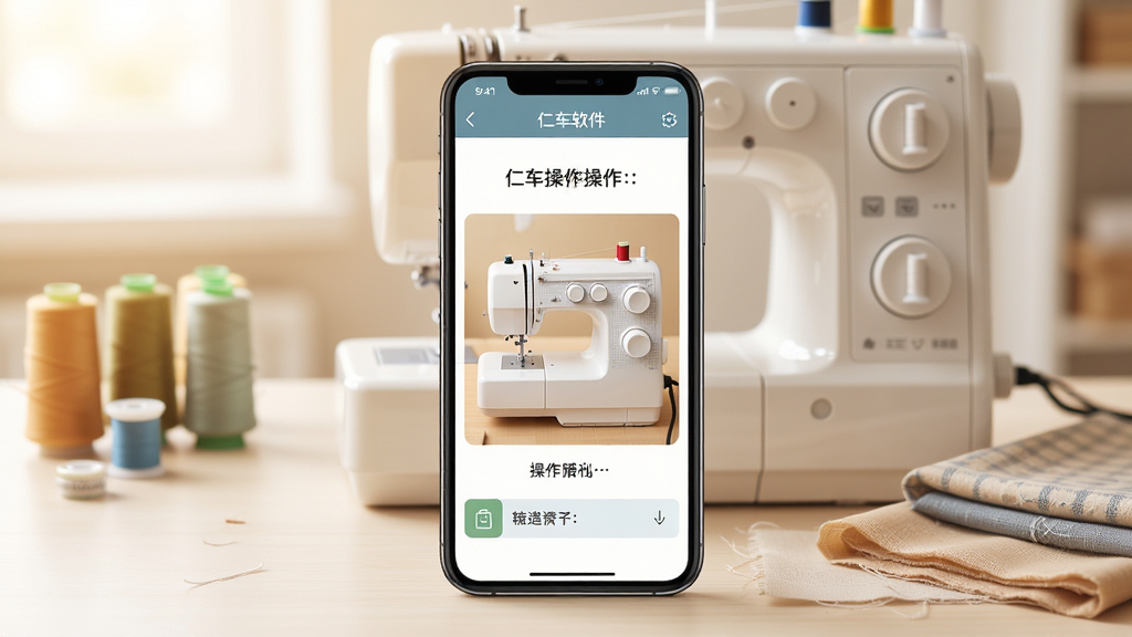 仁车软件主界面展示,画面中央放置一部智能手机,手机屏幕上显示缝纫机操作教程界面,背景是简洁的缝纫工作台,桌面上有缝纫机、线轴和布料,整体风格温馨实用,光线柔和明亮,构图居中对称,细节清晰,画质干净,无多余元素