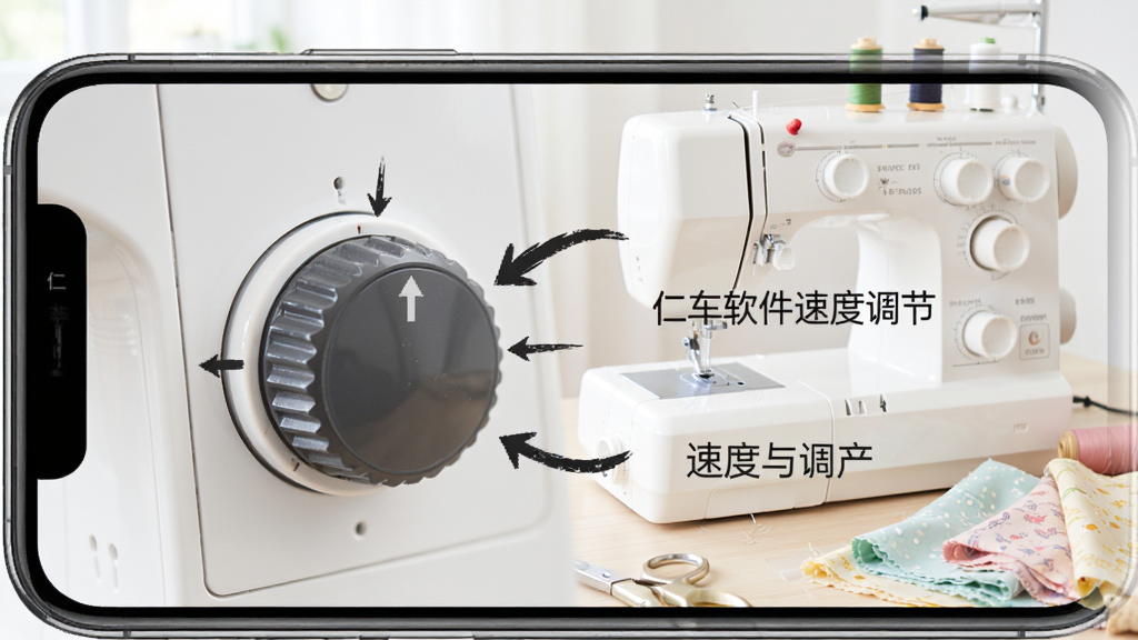 仁车软件速度调节教程页面,手机屏幕显示缝纫机速度旋钮特写,旁边配有文字说明和箭头标注,背景是浅色缝纫工作室,桌面上有缝纫机与布料,整体风格清新明亮,布局简洁有序,细节丰富,画质清晰,干净无多余元素