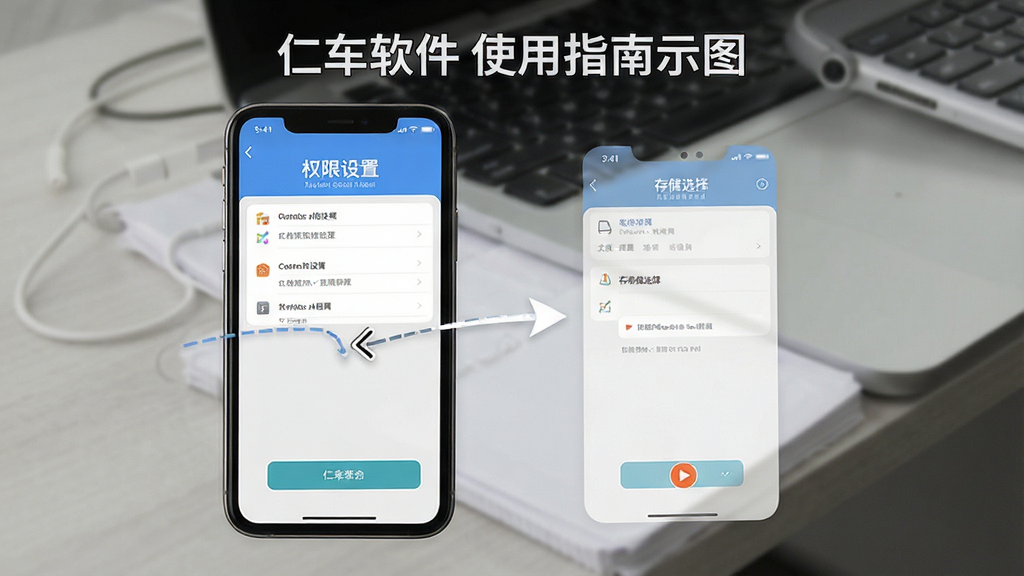 仁车软件使用指南示意图,手机屏幕显示权限设置与存储选择界面,背景是简洁的手机操作场景,风格清晰直观,布局分步展示,细节准确,画质干净,无多余元素