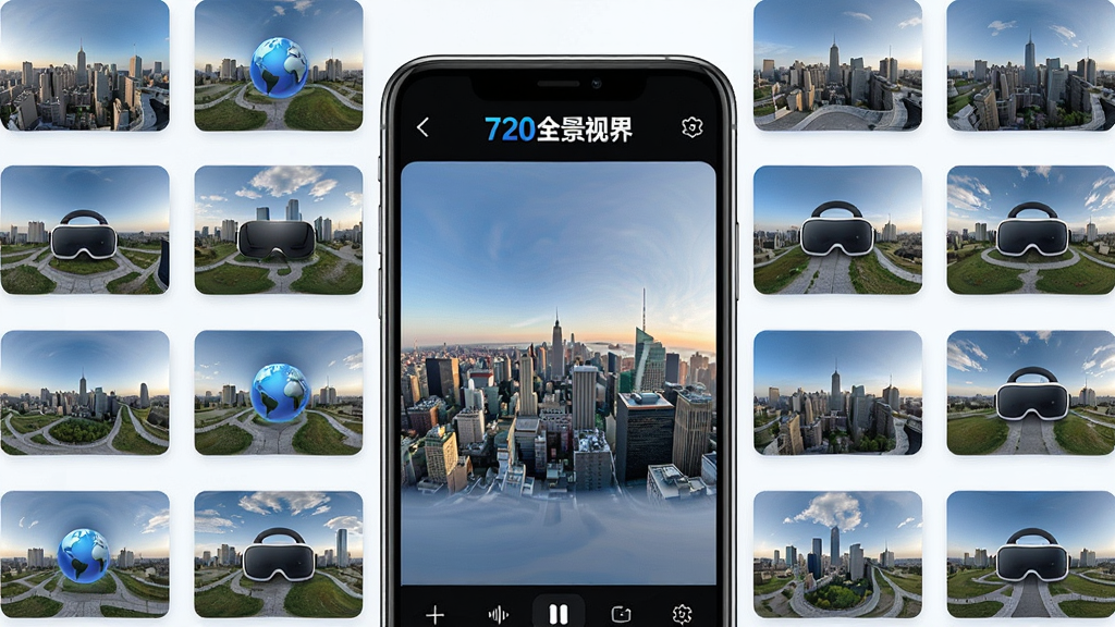 һ��չʾ720ȫ���ӽ����������ͼƬ������Ϊ�ֻ���Ļ��ʾȫ�����з�⣬���ֲ��þ��й�ͼ���ֻ���Χ�����Ŷ��С�͵�ȫ����������ͼ���Ű��������򣬷��Ϊ�ִ��Ƽ��У�ϸ�ڰ�������logo��720ȫ���ӽ硱��ȫ������ͼ�ꡢVR�۾�Ԫ�أ����ʸ��壬�ɾ����޶���Ԫ��