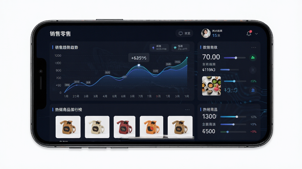数智零售数据看板界面,主体为手机屏幕显示销售趋势折线图与热销商品排行榜,布局上下排列,排版简洁,风格为深色科技感,细节包含数字指标、曲线图、商品缩略图,画质清晰,干净,无多余元素