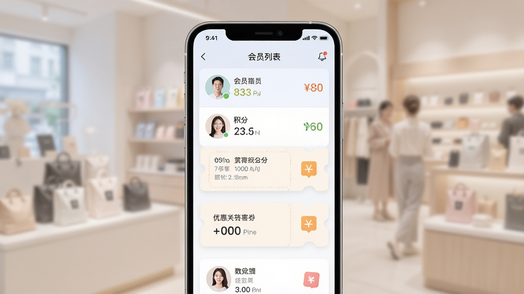 数智零售会员营销功能展示,主体为手机屏幕显示会员列表与优惠券发放界面,布局上下结构,排版清晰,风格为柔和浅色系,细节包含会员头像、积分数字、优惠券卡片,画质清晰,干净,无多余元素