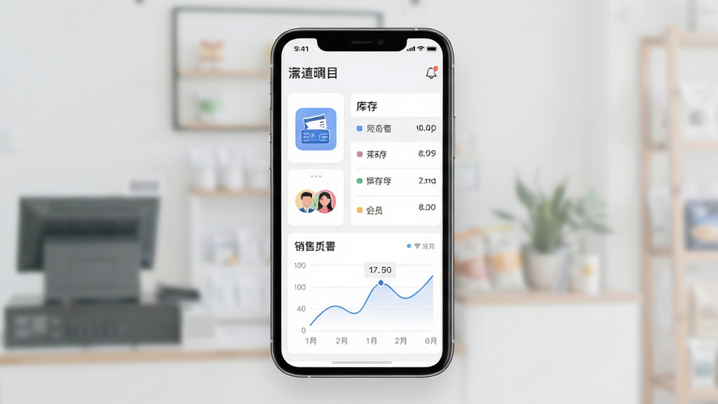 数智零售手机应用界面展示,主体为一部智能手机屏幕显示门店经营数据看板,布局居中,排版简洁,风格为现代商务扁平化,细节包含收银图标、库存列表、会员头像、销售曲线图,画质清晰,干净,无多余元素