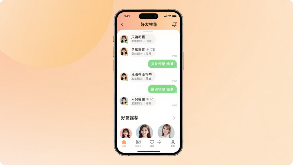 只甜社交应用界面展示,主体为一部智能手机,屏幕显示只甜APP的聊天列表与好友推荐页面,布局简洁居中,排版清晰,风格温馨现代,细节包含柔和渐变背景、圆形用户头像和聊天气泡,画质高清,干净,无多余元素